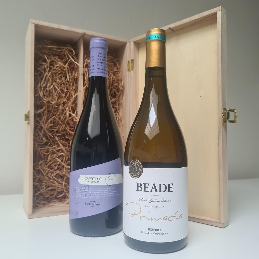 Wijnkist Spanje : 1 fles wit & 1 fles rood in houten wijnkist