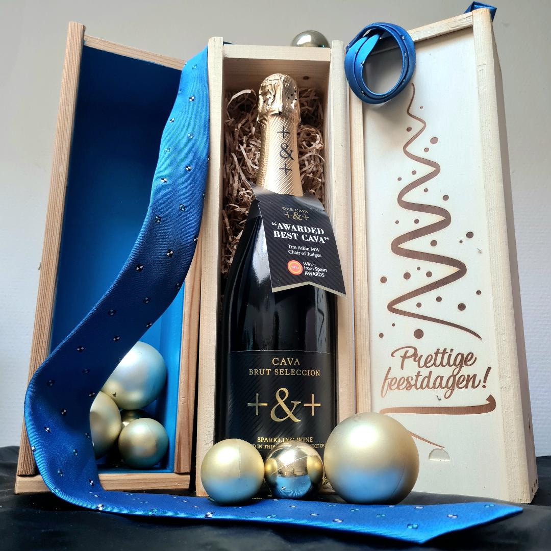 Wijnkist Feestdagen : 1 fles Cava in houten kist