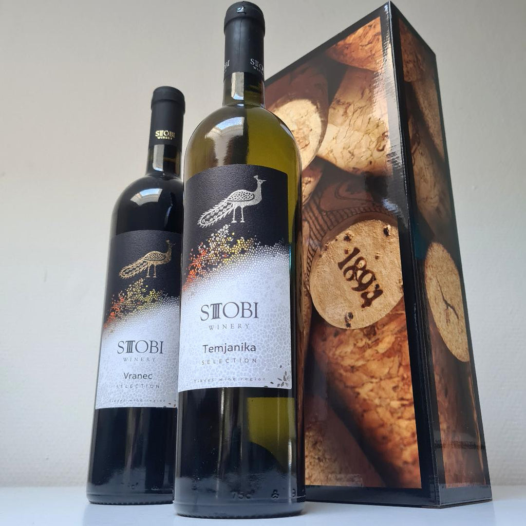 Wijngeschenkdoos met 1 fles wit & 1 fles rood uit Noord - Macedonië